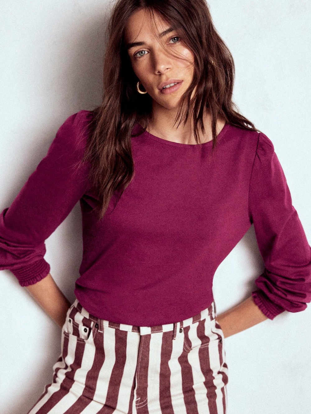 Boden NWT burgundy long sleeve top with smocked wrist cuffs